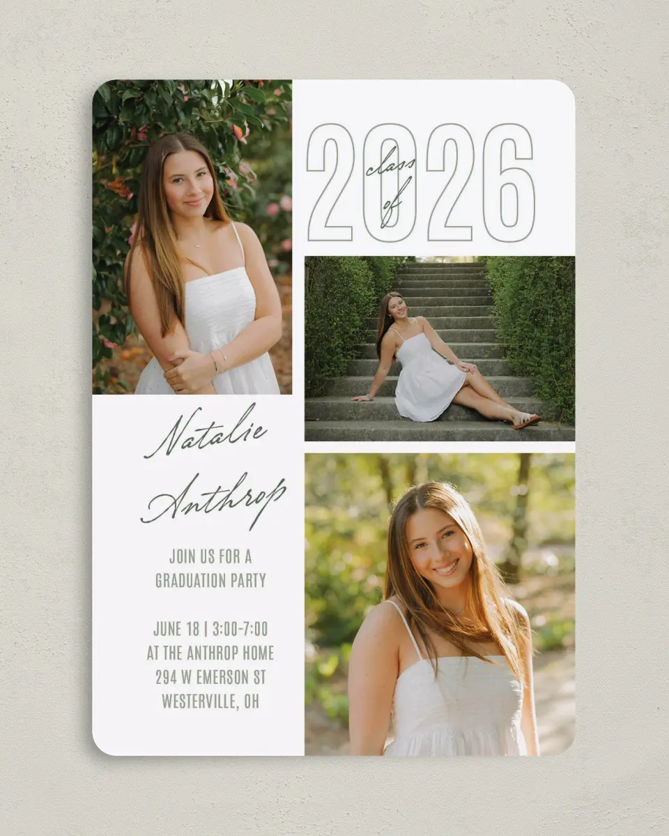This is a 5" x 7" Graduation Announcement Card called Shining Brilliance printed in full color with Gold foil on Premium Smooth paper
