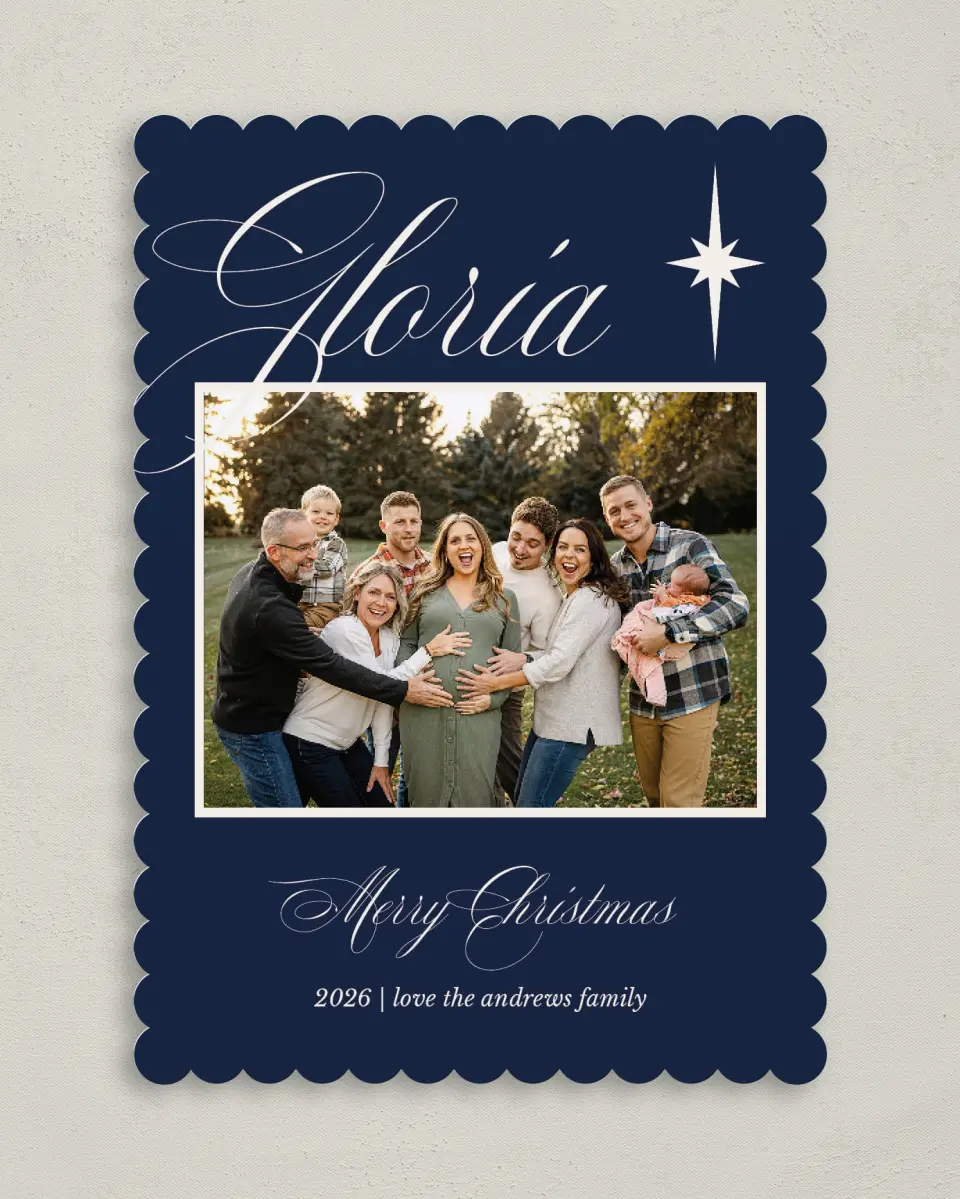 This is a 5" x 7" Christmas Card called In Excelsis Deo printed in full color with Rose Gold foil on Soft Suede (coated) paper
