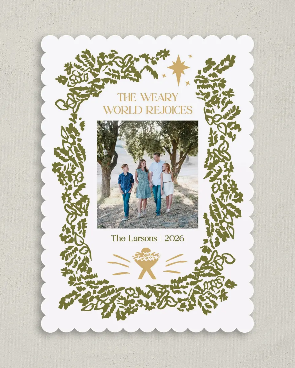 This is a 5" x 7" Christmas Card called Weary World Rejoices printed in full color with Silver foil on Soft Suede (coated) paper