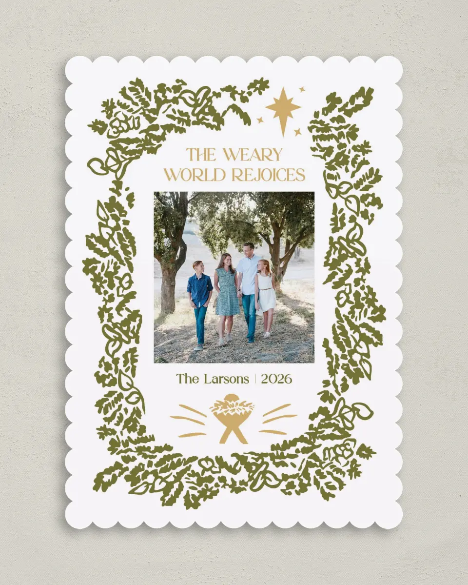 This is a 5" x 7" Christmas Card called Weary World Rejoices printed in full color on Premium Smooth paper on Premium Smooth paper on Premium Smooth paper