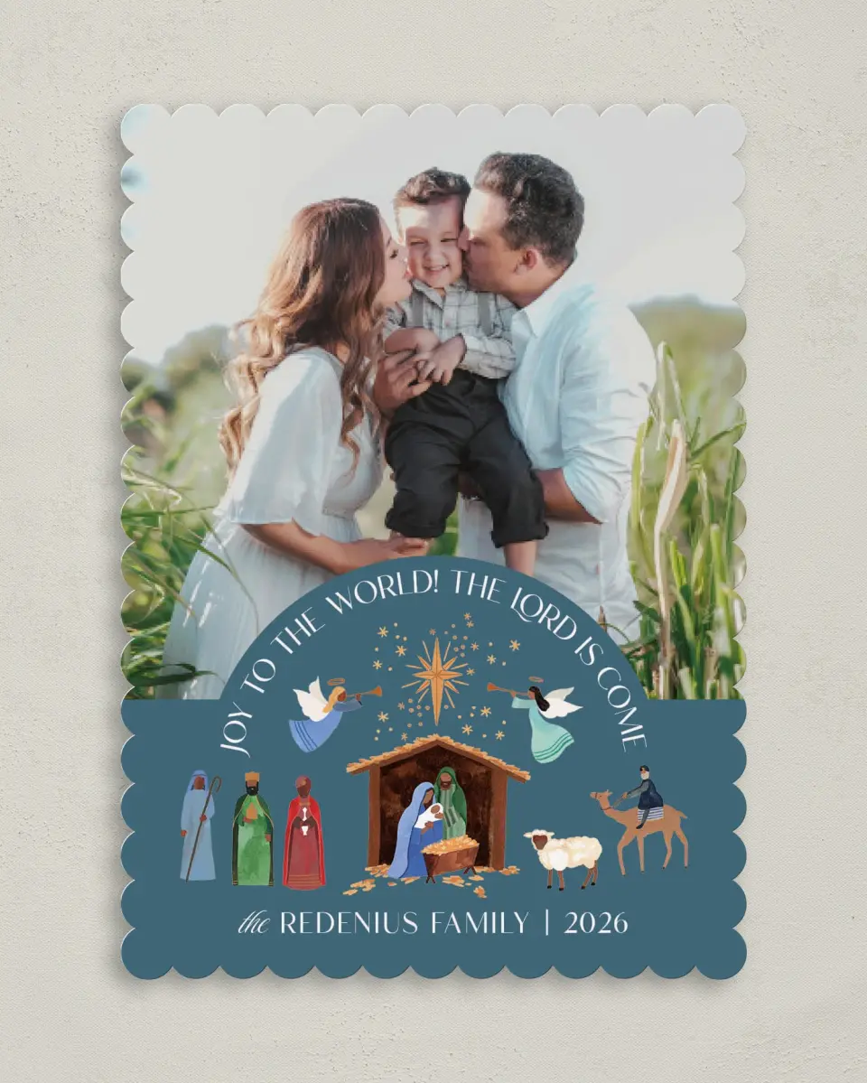 This is a 5" x 7" Christmas Card called Reason for the Season printed in full color with Silver foil on Soft Suede (coated) paper