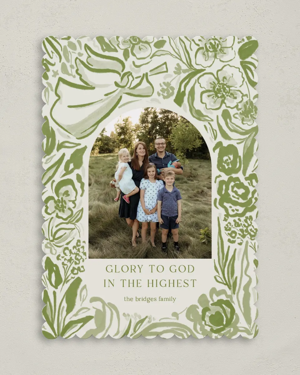 This is a 5" x 7" Christmas Card called Angelic Blossoms printed in full color on Premium Smooth paper on Premium Smooth paper on Premium Smooth paper