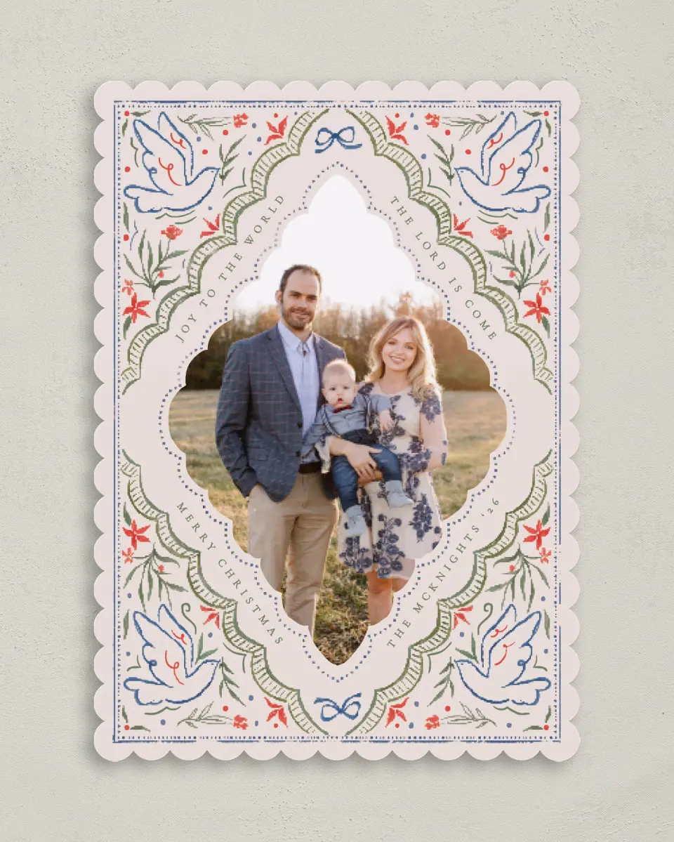 This is a 5" x 7" Christmas Card called Faithful Joy printed in full color with Rose Gold foil on Soft Suede (coated) paper