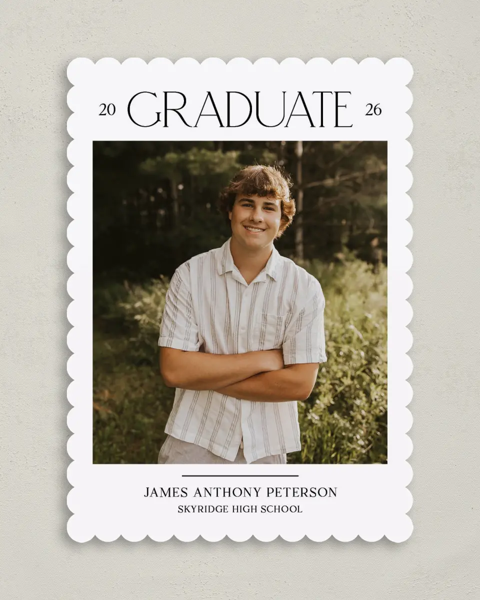 This is a 5" x 7" Graduation Announcement Card called Most Classic printed in full color with Gold foil on Premium Smooth paper