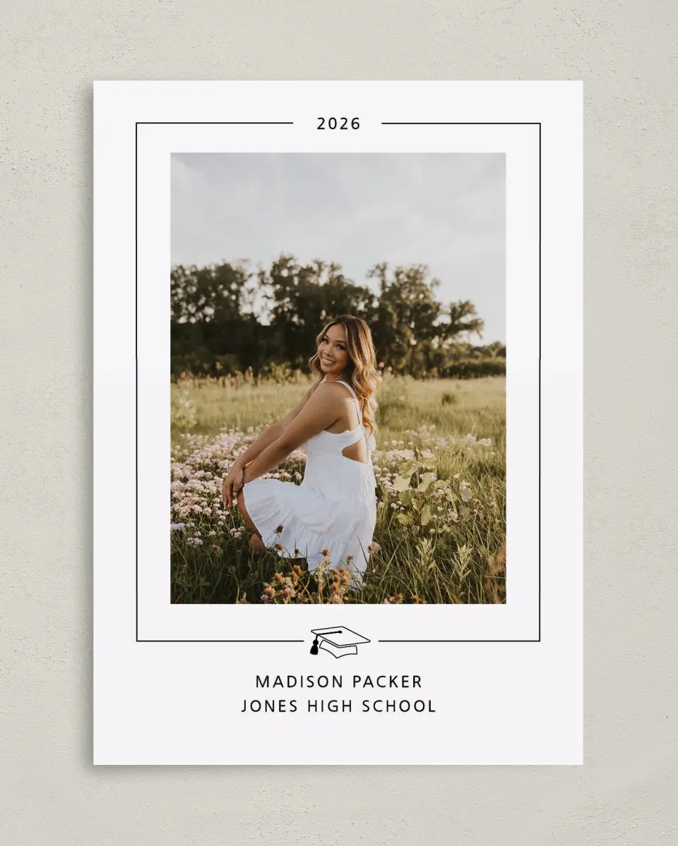 This is a 5" x 7" Graduation Announcement Card called Modern Grad printed in full color with Gold foil on Premium Smooth paper