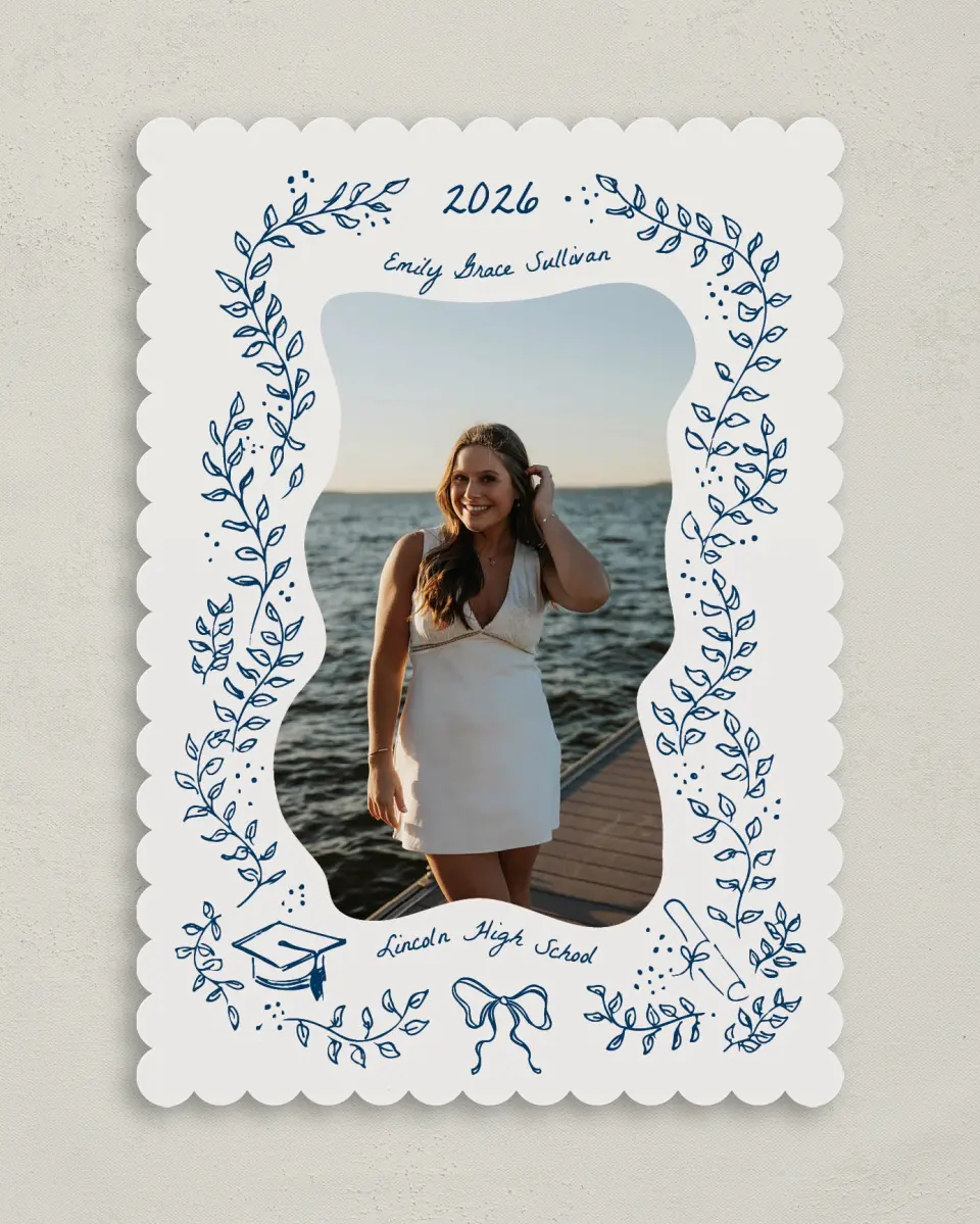 This is a 5" x 7" Graduation Announcement Card called Whimsical Grad printed in full color with Gold foil on Premium Smooth paper