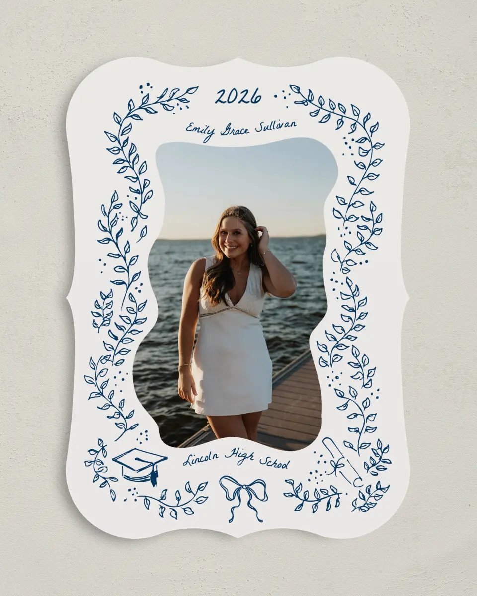 This is a 5" x 7" Graduation Announcement Card called Whimsical Grad printed in full color with Gold foil on Premium Smooth paper