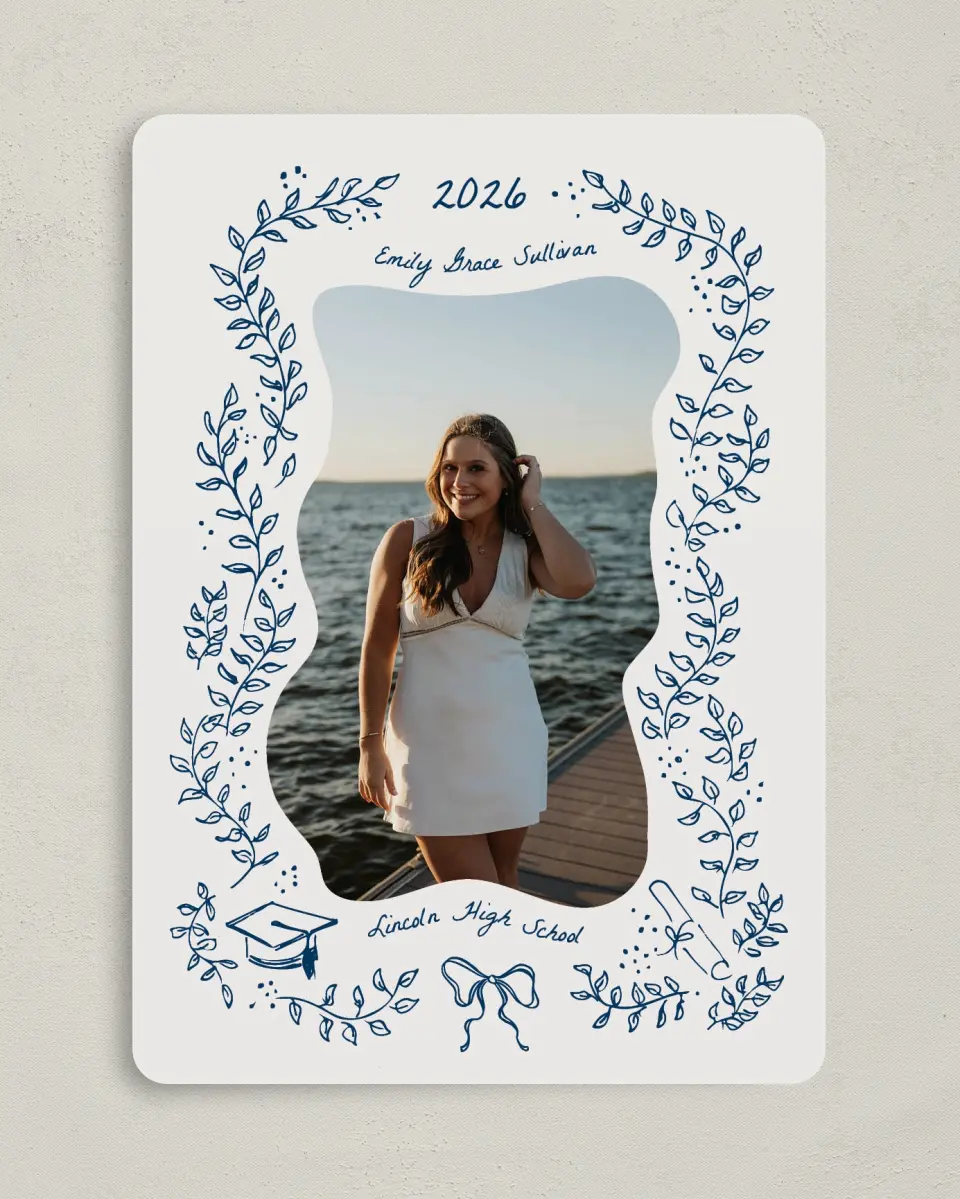This is a 5" x 7" Graduation Announcement Card called Whimsical Grad printed in full color with Gold foil on Premium Smooth paper