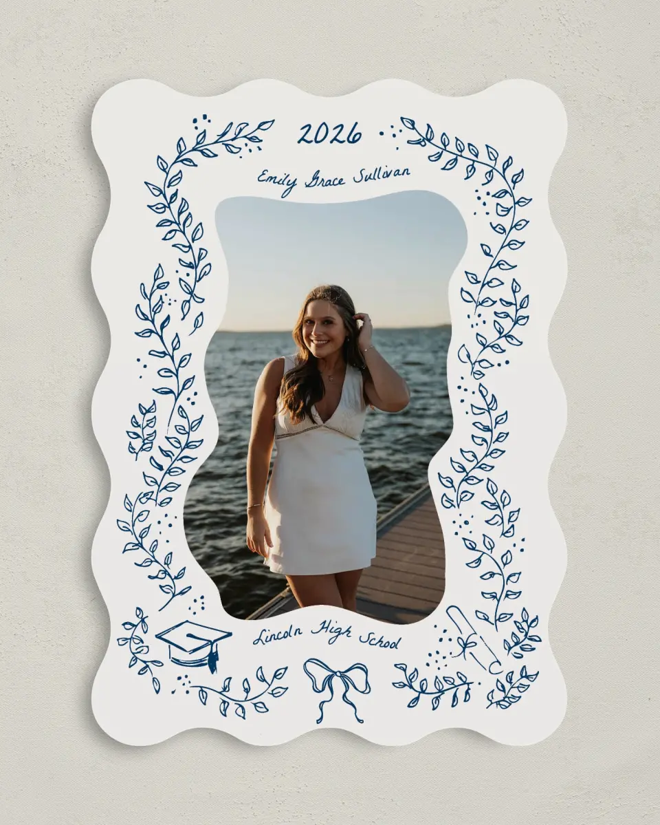 This is a 5" x 7" Graduation Announcement Card called Whimsical Grad printed in full color with Gold foil on Premium Smooth paper