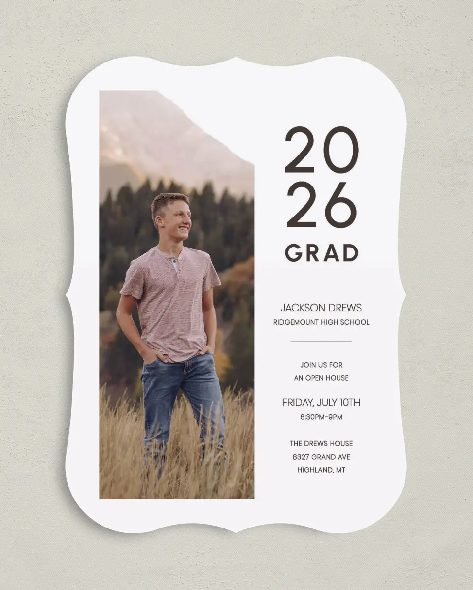 This is a 5" x 7" Graduation Announcement Card called Simple Graduate printed in full color with Gold foil on Premium Smooth paper