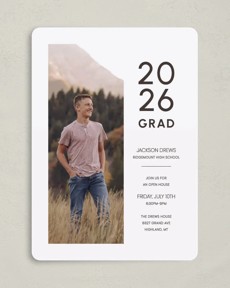 This is a 5" x 7" Graduation Announcement Card called Simple Graduate printed in full color with Gold foil on Premium Smooth paper