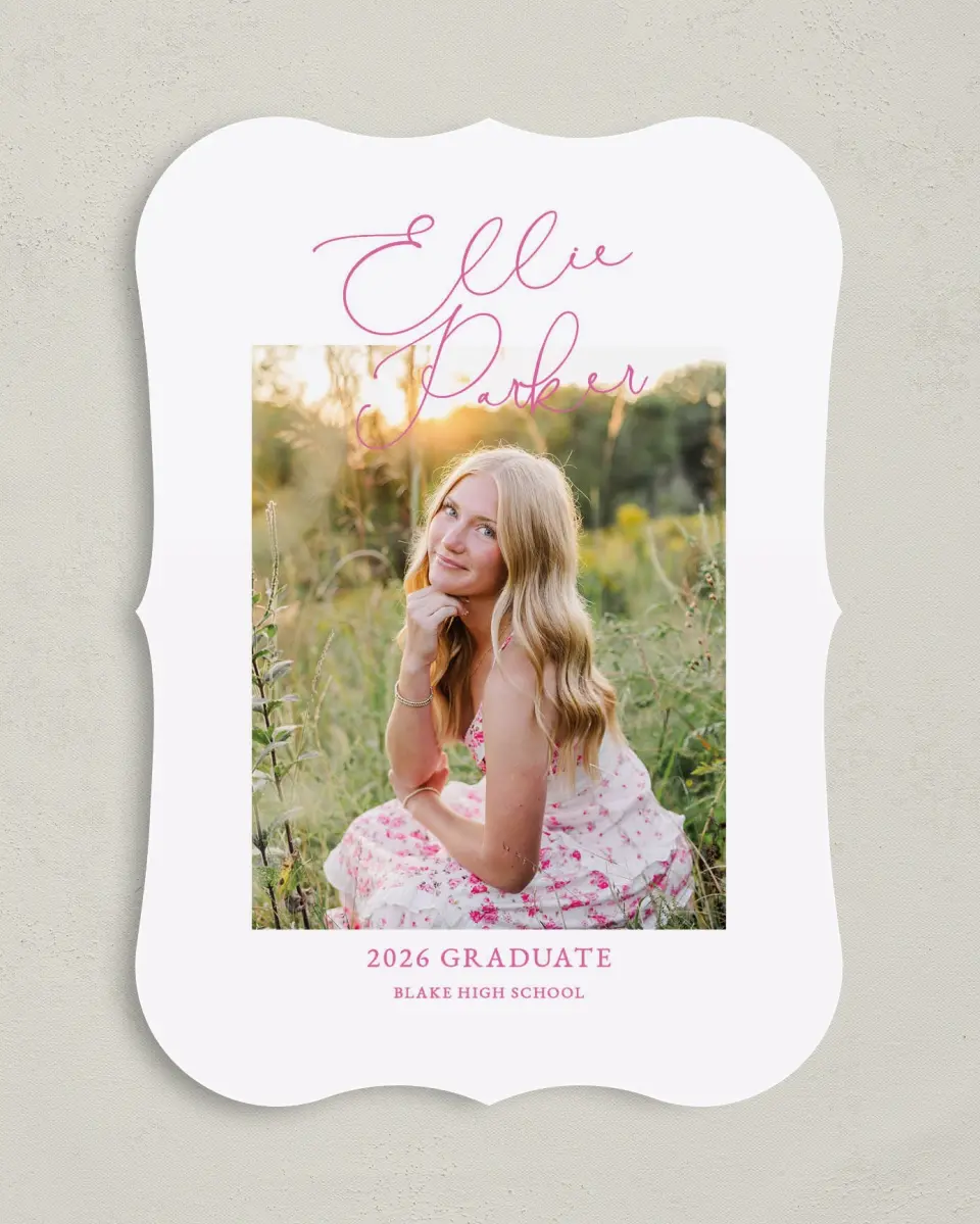 This is a 5" x 7" Graduation Announcement Card called Script Grad printed in full color on Premium Smooth paper