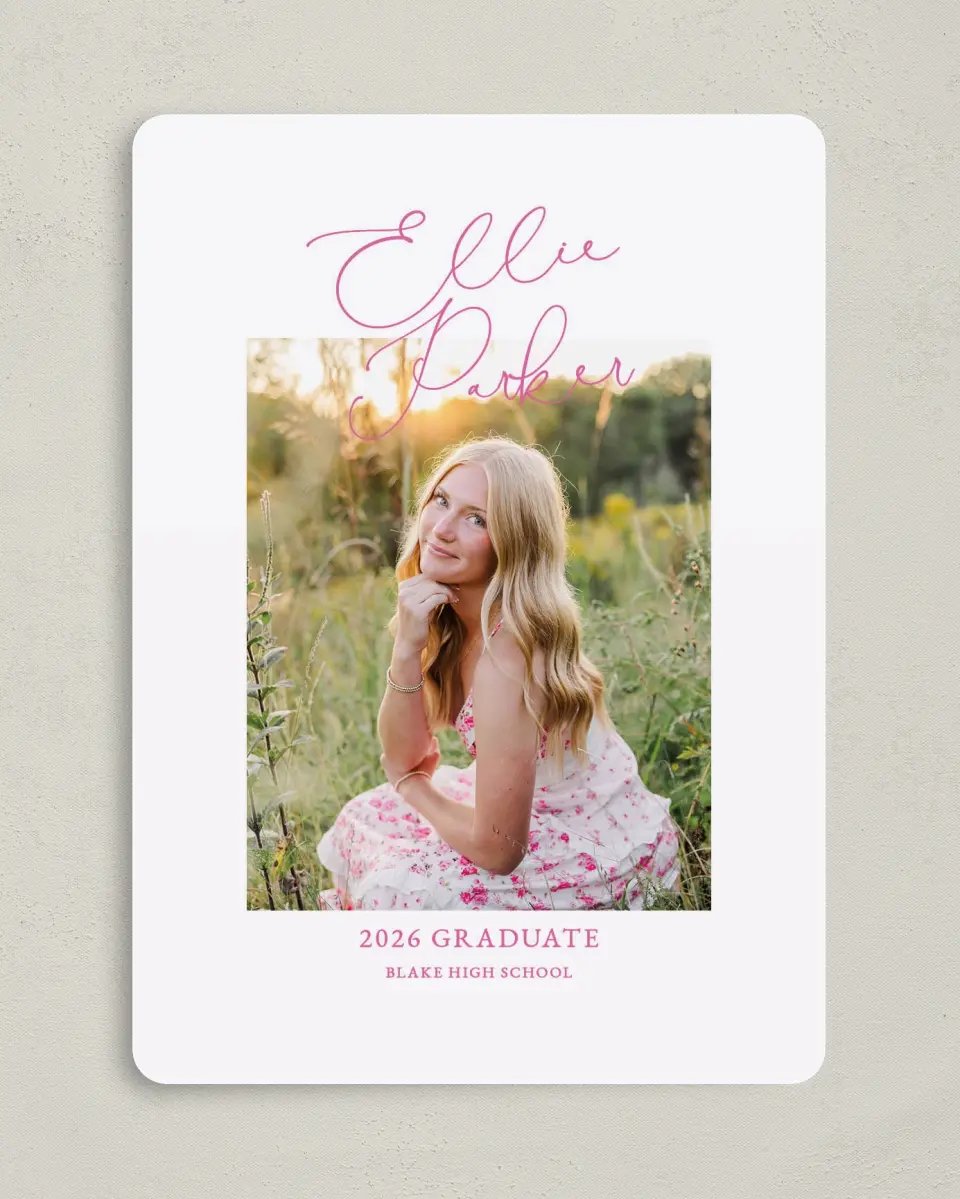 This is a 5" x 7" Graduation Announcement Card called Script Grad printed in full color on Premium Smooth paper