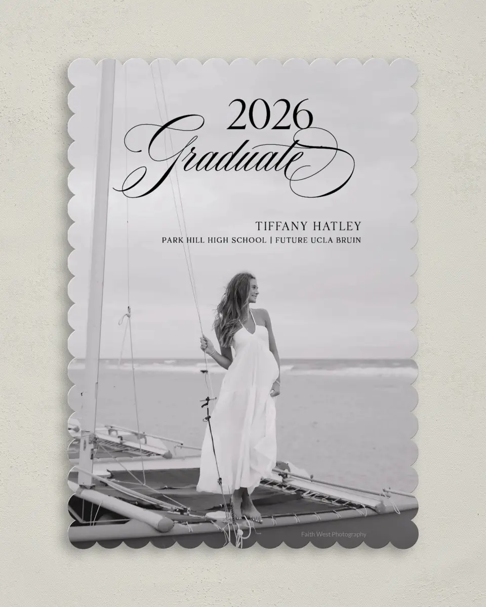 This is a 5" x 7" Graduation Announcement Card called Graduate Script printed in full color on Premium Smooth paper