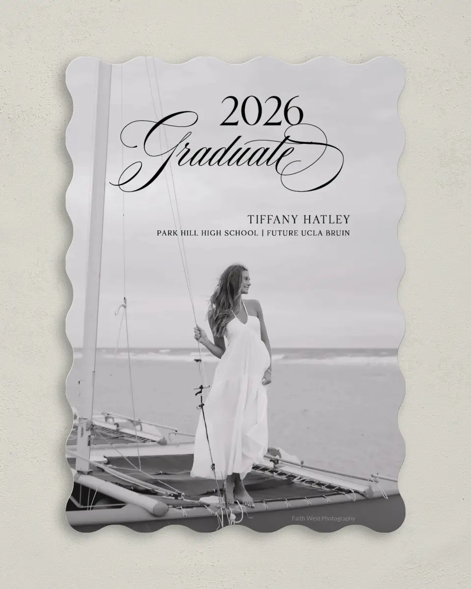 This is a 5" x 7" Graduation Announcement Card called Graduate Script printed in full color on Premium Smooth paper