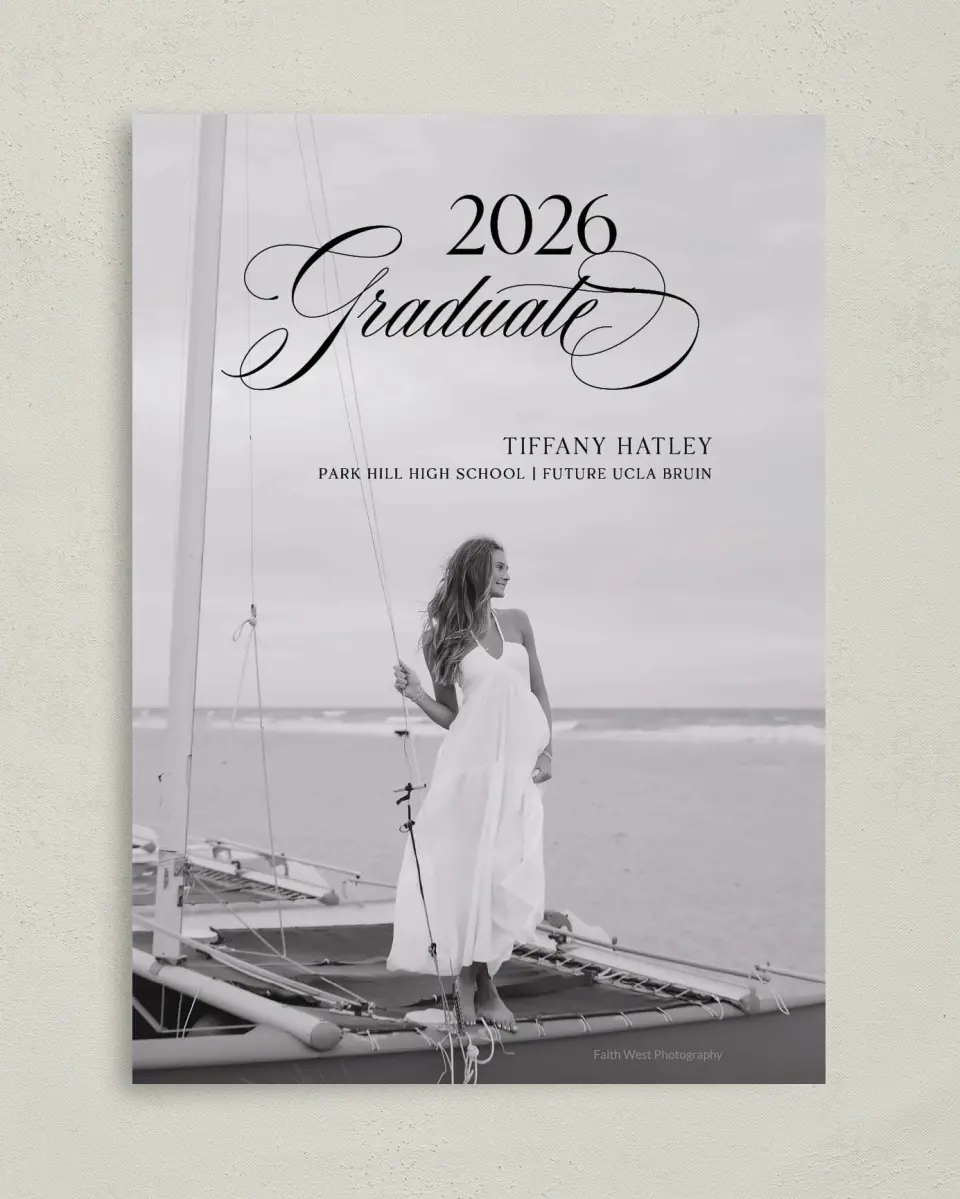 This is a 5" x 7" Graduation Announcement Card called Graduate Script printed in full color on Premium Smooth paper