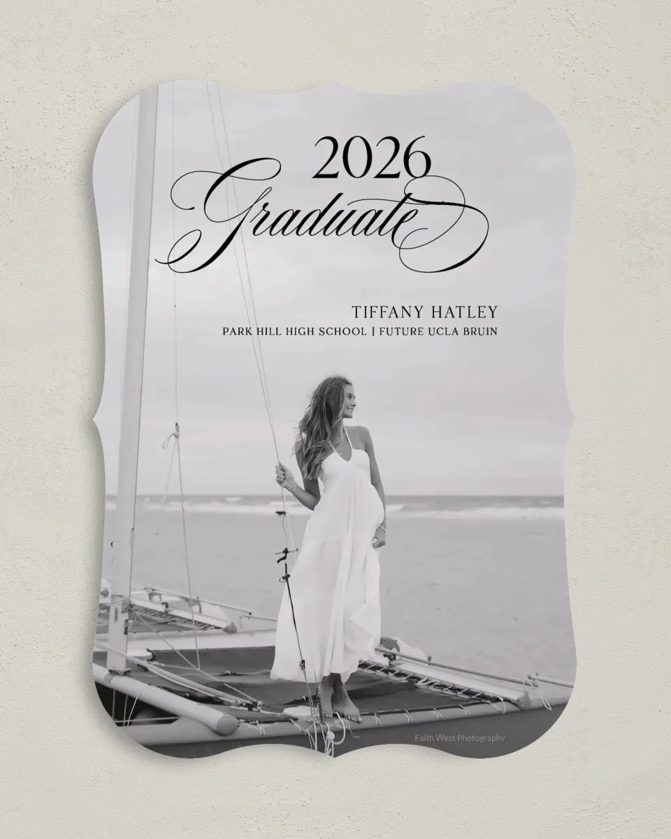 This is a 5" x 7" Graduation Announcement Card called Graduate Script printed in full color on Premium Smooth paper