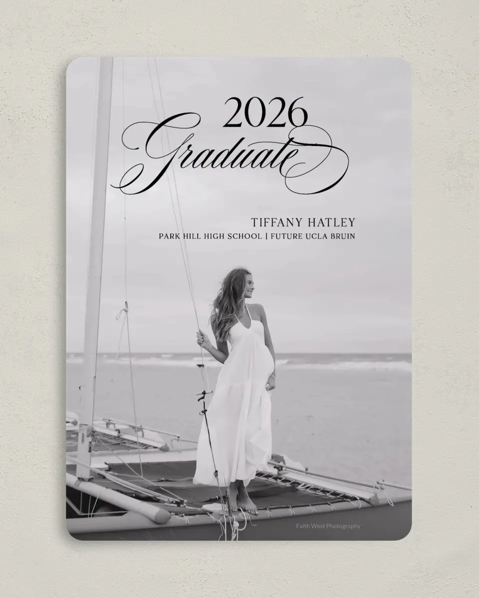 This is a 5" x 7" Graduation Announcement Card called Graduate Script printed in full color on Premium Smooth paper