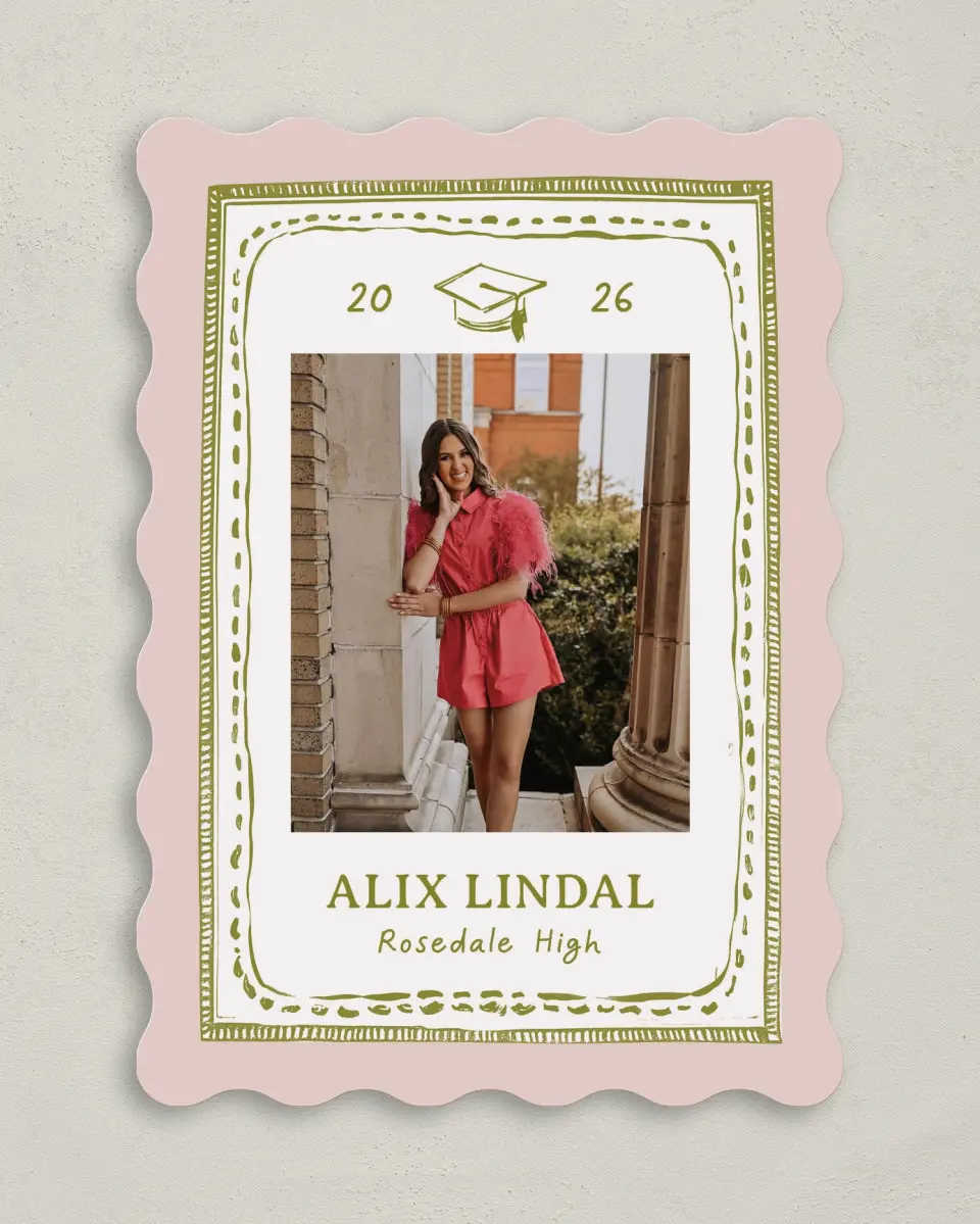 This is a 5" x 7" Graduation Announcement Card called Grad Frame Art printed in full color with Gold foil on Premium Smooth paper