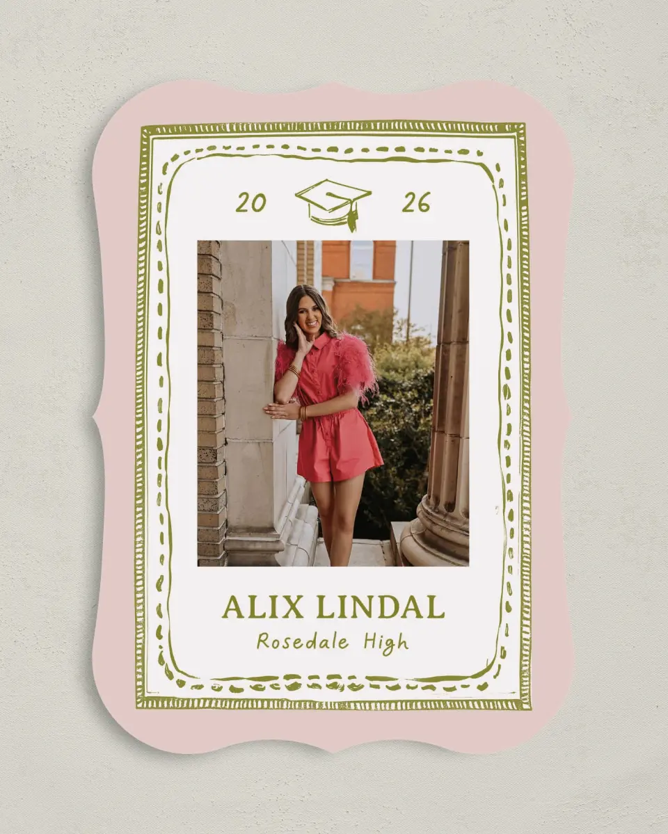 This is a 5" x 7" Graduation Announcement Card called Grad Frame Art printed in full color with Gold foil on Premium Smooth paper