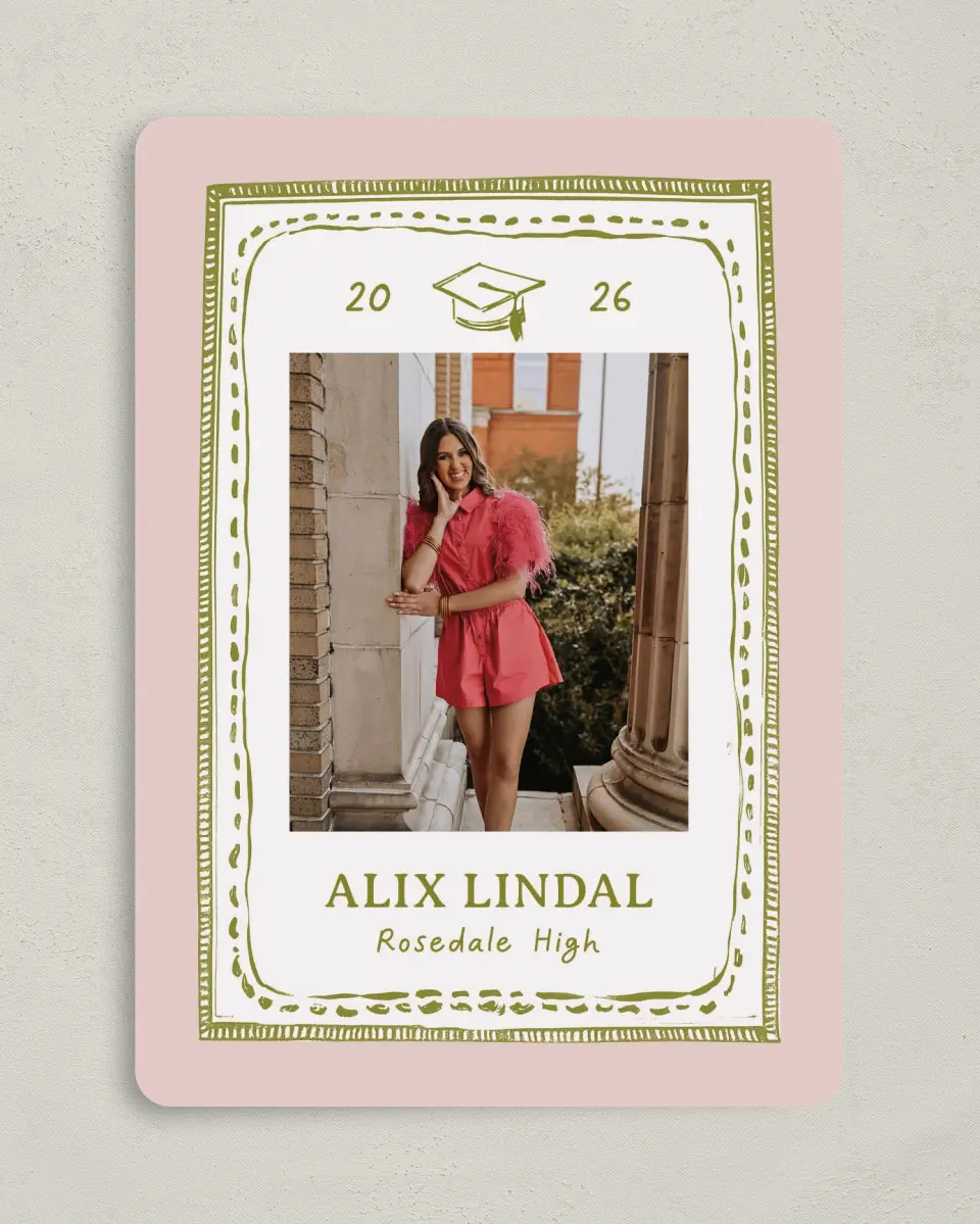 This is a 5" x 7" Graduation Announcement Card called Grad Frame Art printed in full color with Gold foil on Premium Smooth paper