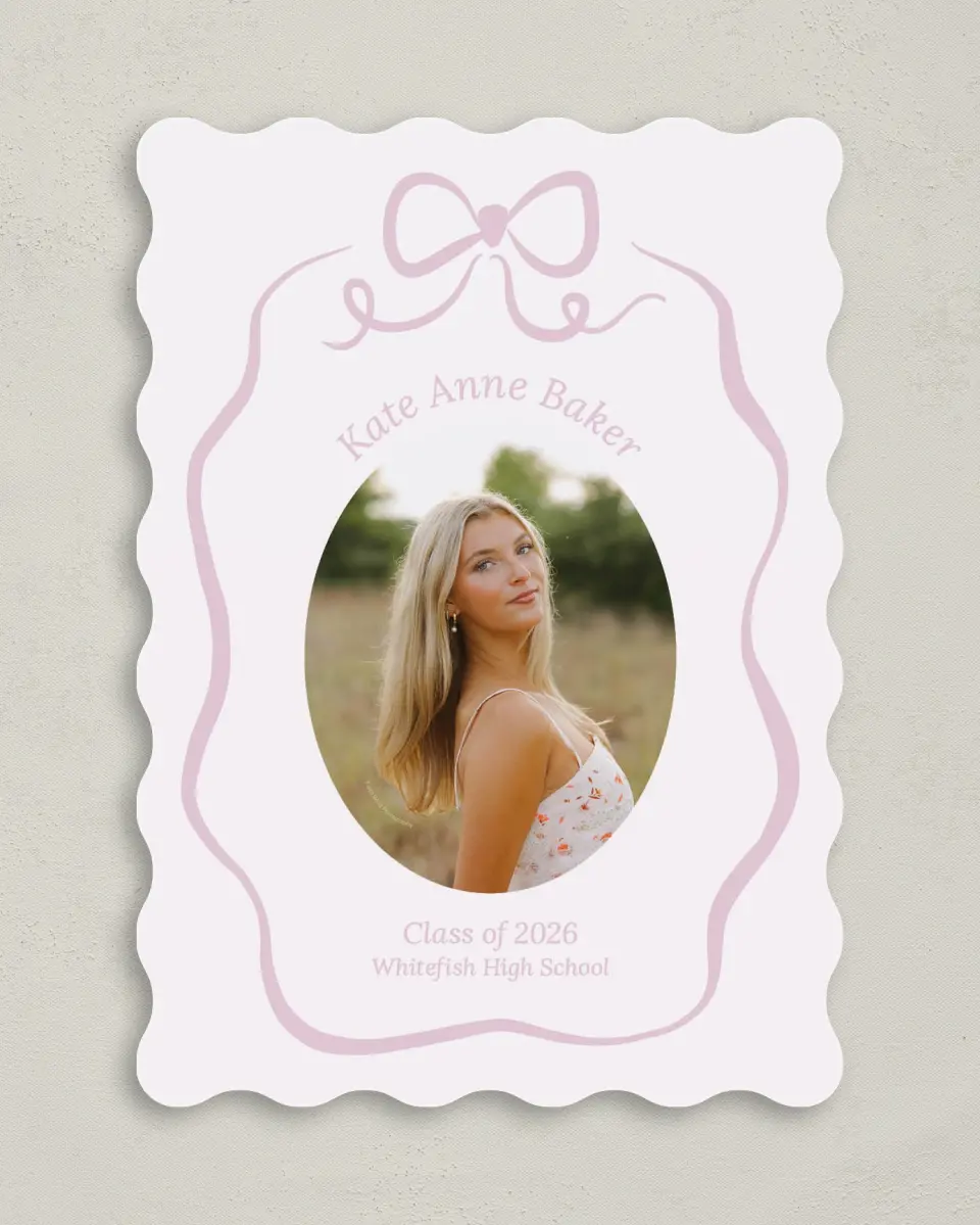 This is a 5" x 7" Graduation Announcement Card called Bow Grad printed in full color with Gold foil on Premium Smooth paper