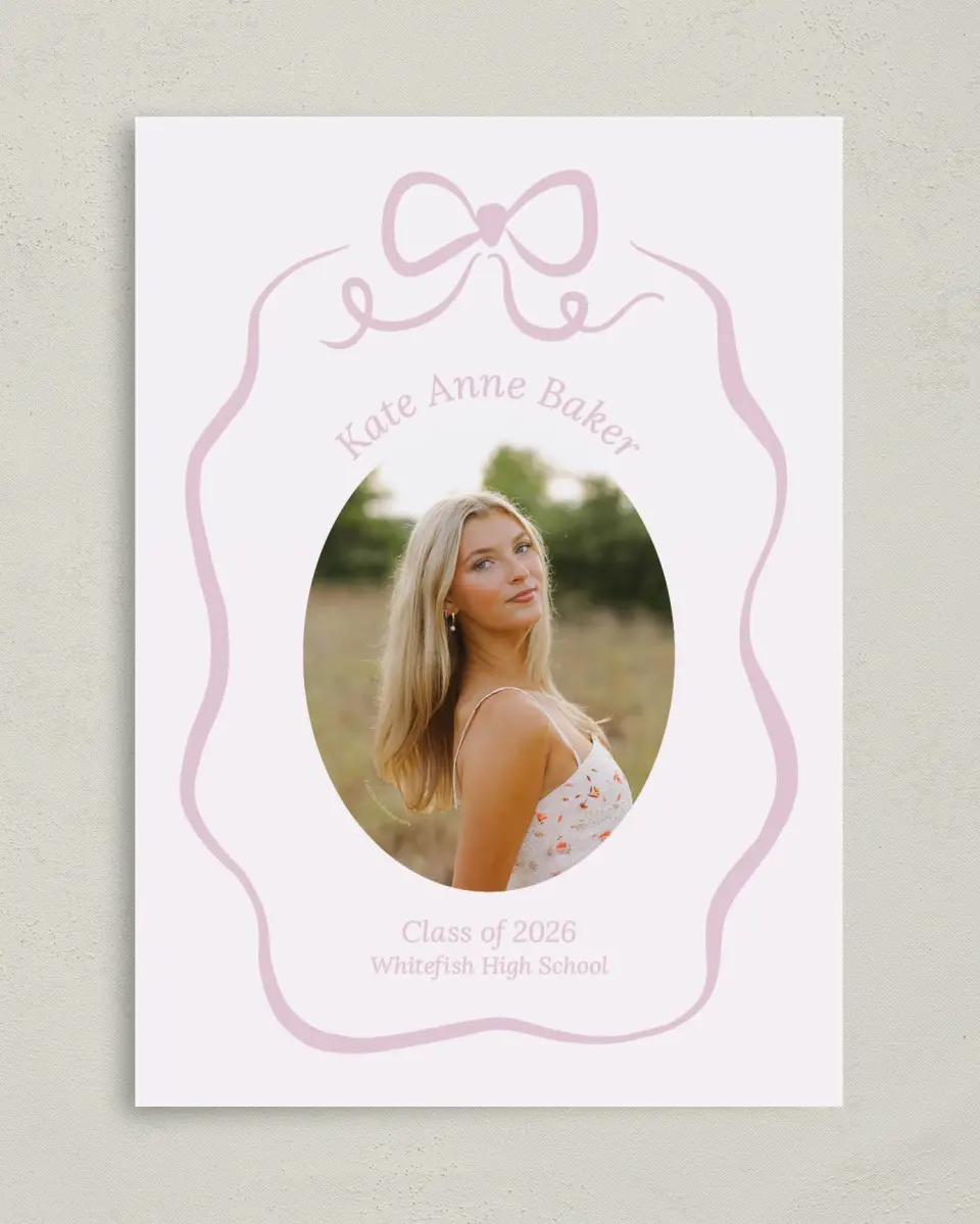 This is a 5" x 7" Graduation Announcement Card called Bow Grad printed in full color with Gold foil on Premium Smooth paper