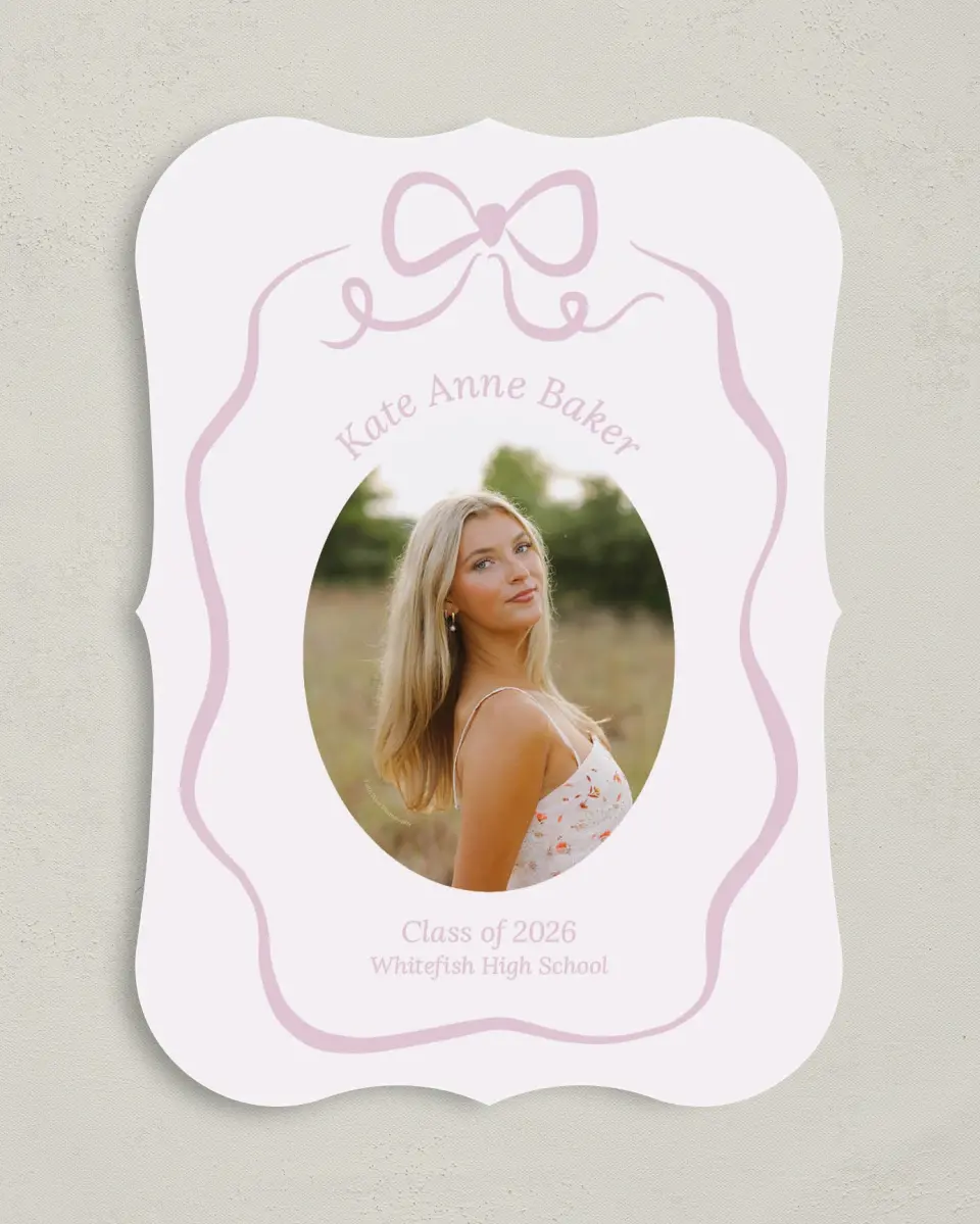 This is a 5" x 7" Graduation Announcement Card called Bow Grad printed in full color with Gold foil on Premium Smooth paper