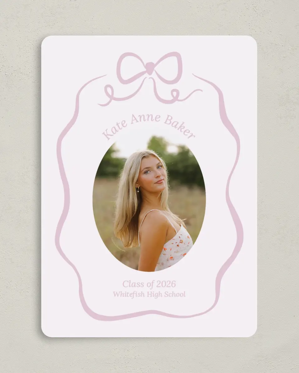 This is a 5" x 7" Graduation Announcement Card called Bow Grad printed in full color with Gold foil on Premium Smooth paper