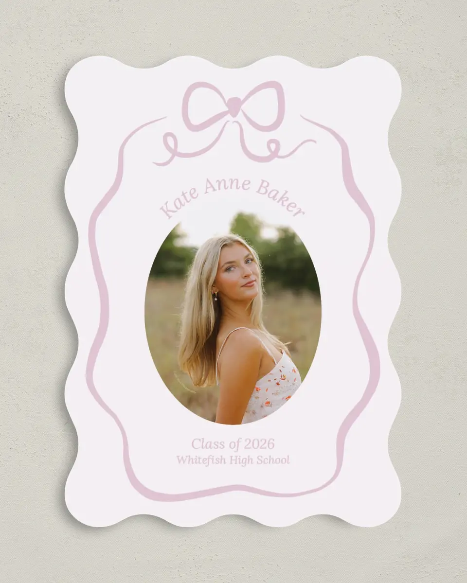This is a 5" x 7" Graduation Announcement Card called Bow Grad printed in full color with Gold foil on Premium Smooth paper