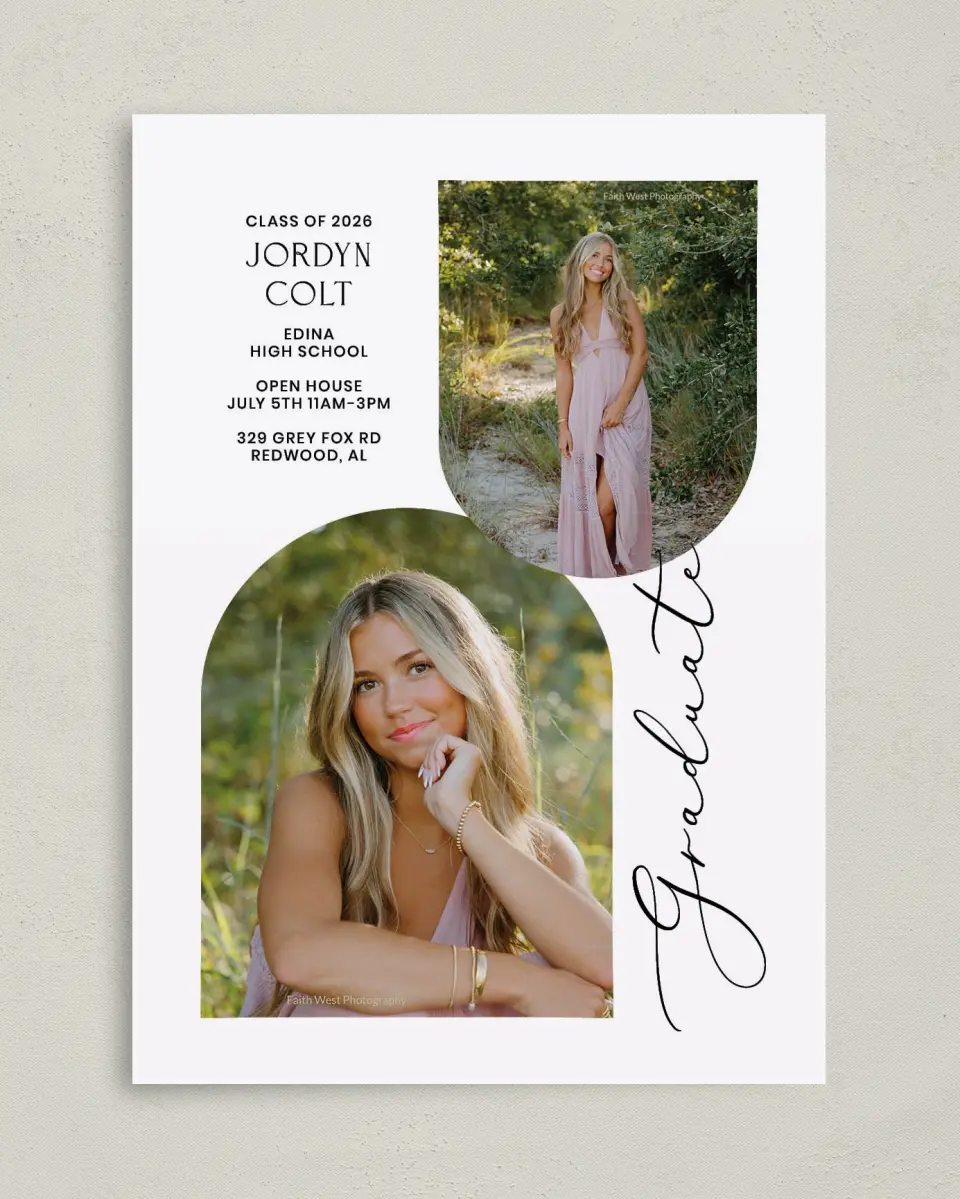 This is a 5" x 7" Graduation Announcement Card called Refined Moment printed in full color on Premium Smooth paper