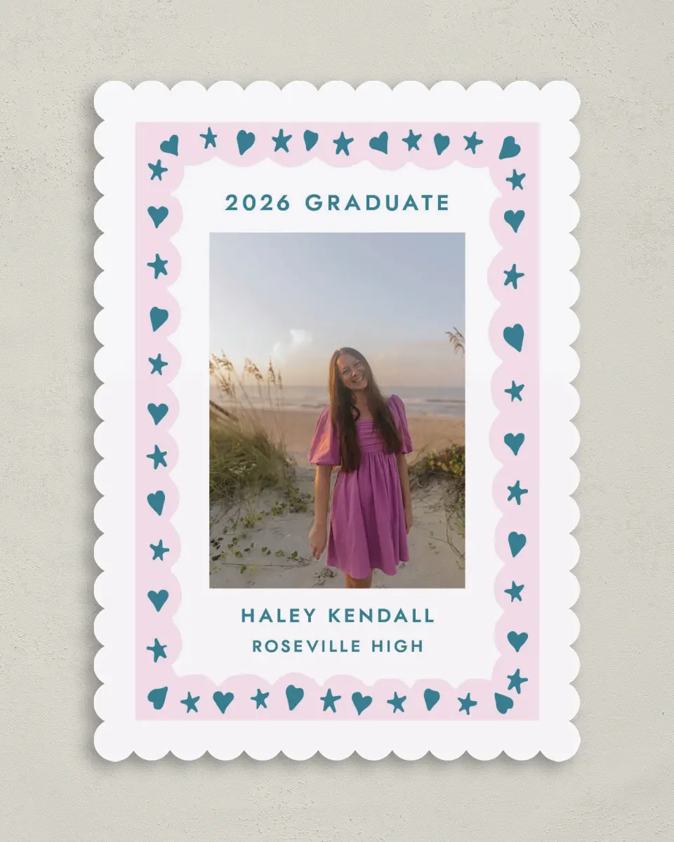 This is a 5" x 7" Graduation Announcement Card called Fun Grad printed in full color with Gold foil on Premium Smooth paper