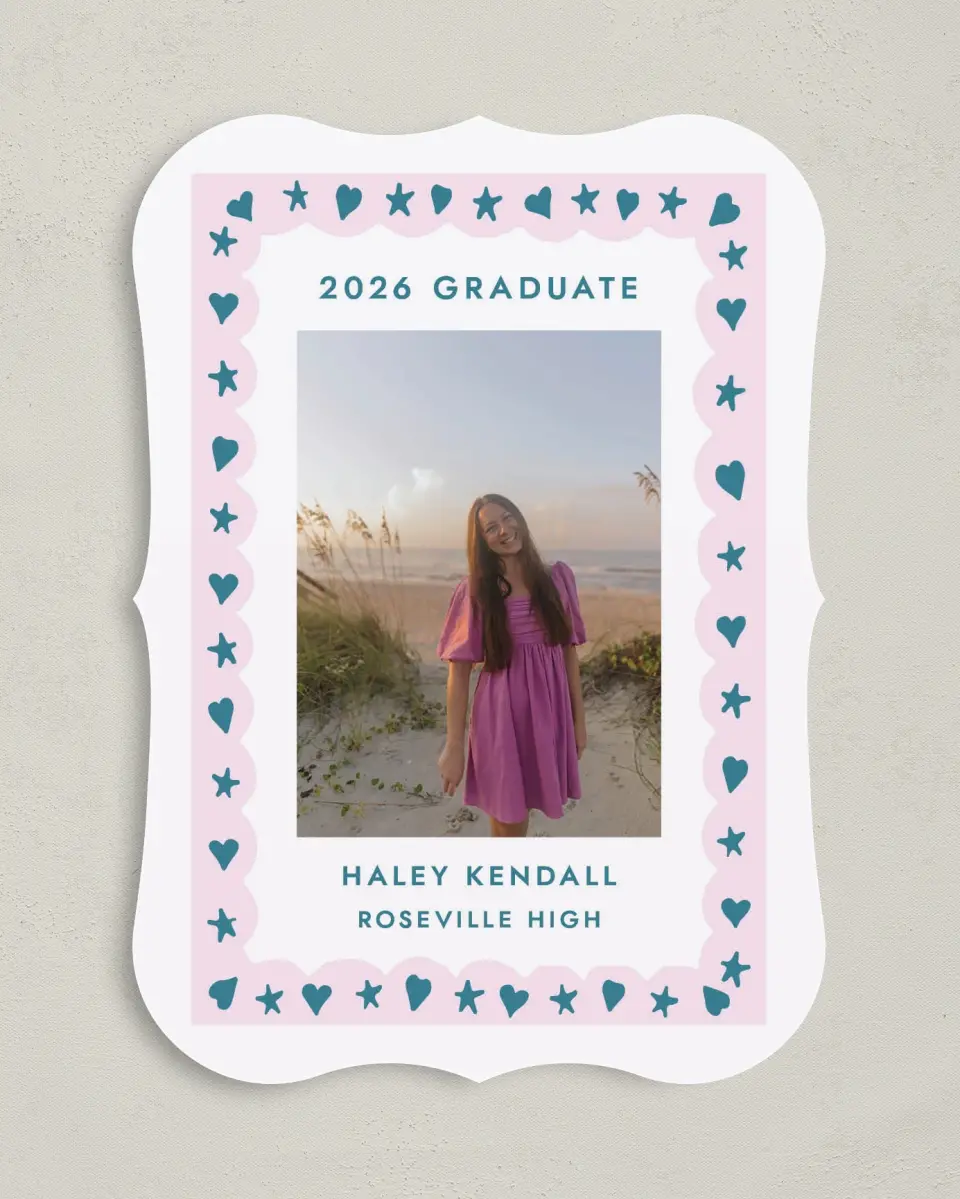 This is a 5" x 7" Graduation Announcement Card called Fun Grad printed in full color with Gold foil on Premium Smooth paper