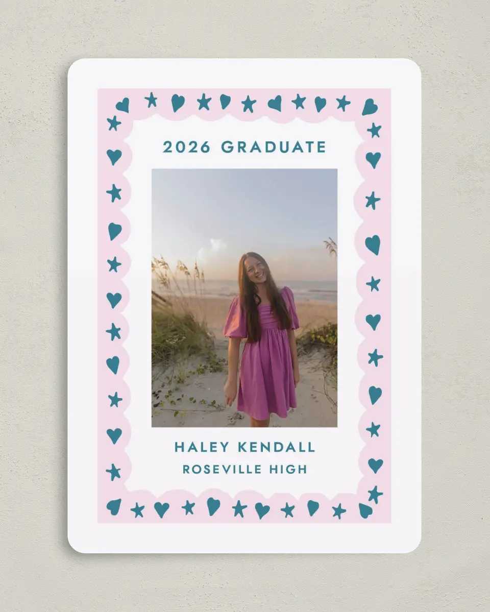 This is a 5" x 7" Graduation Announcement Card called Fun Grad printed in full color with Gold foil on Premium Smooth paper