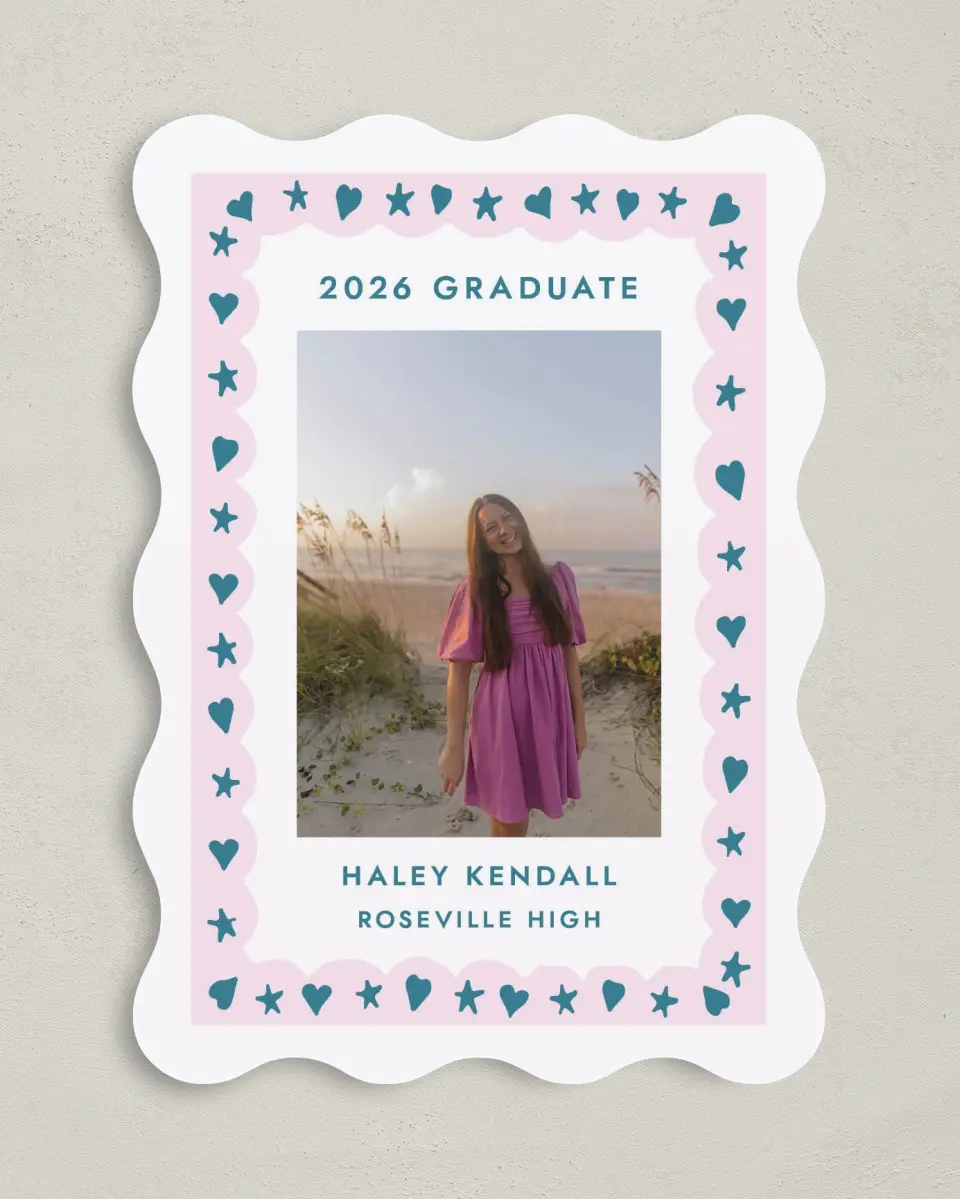 This is a 5" x 7" Graduation Announcement Card called Fun Grad printed in full color with Gold foil on Premium Smooth paper