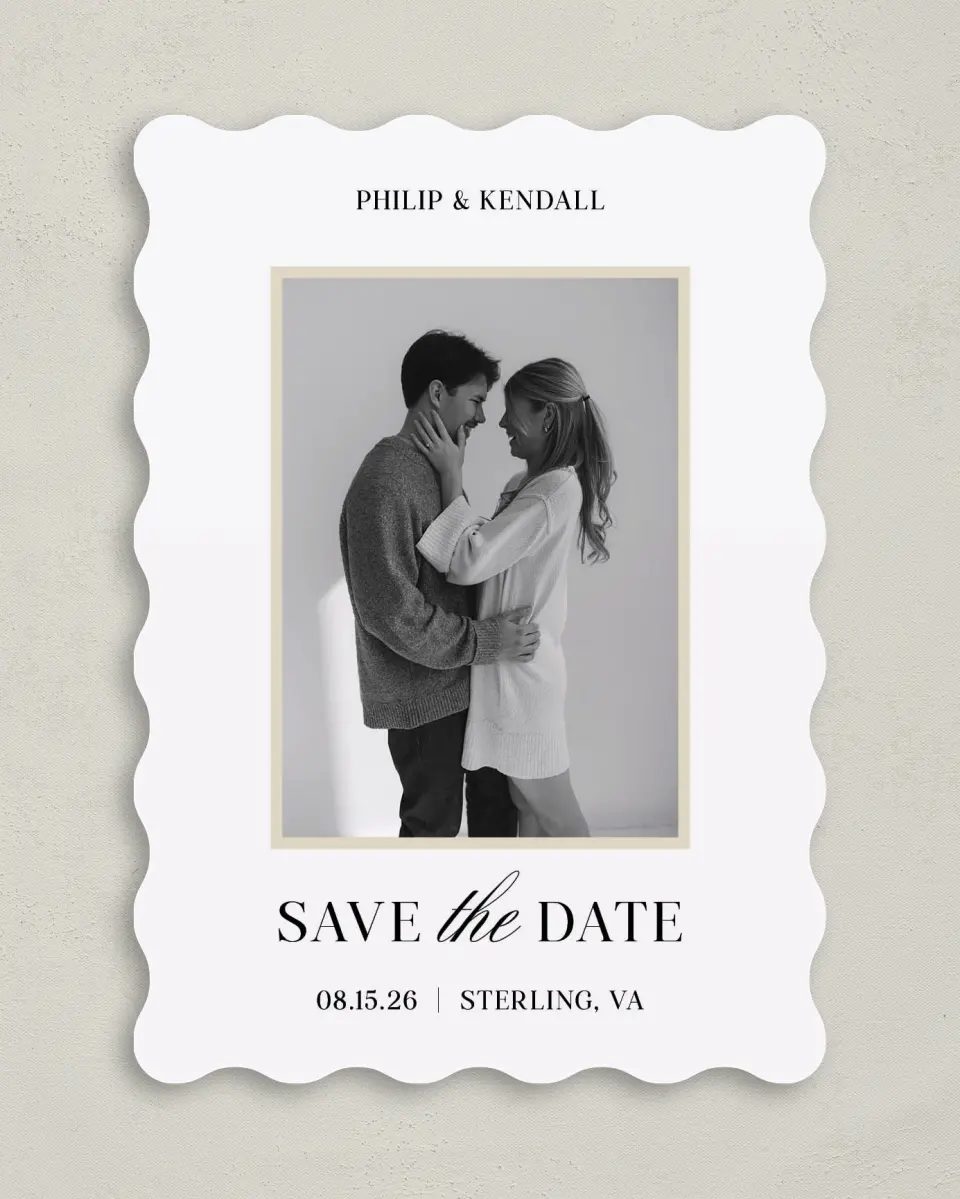 This is a 5" x 7" Save the Date Card called Forever Framed printed in full color with Gold foil on Premium Smooth paper