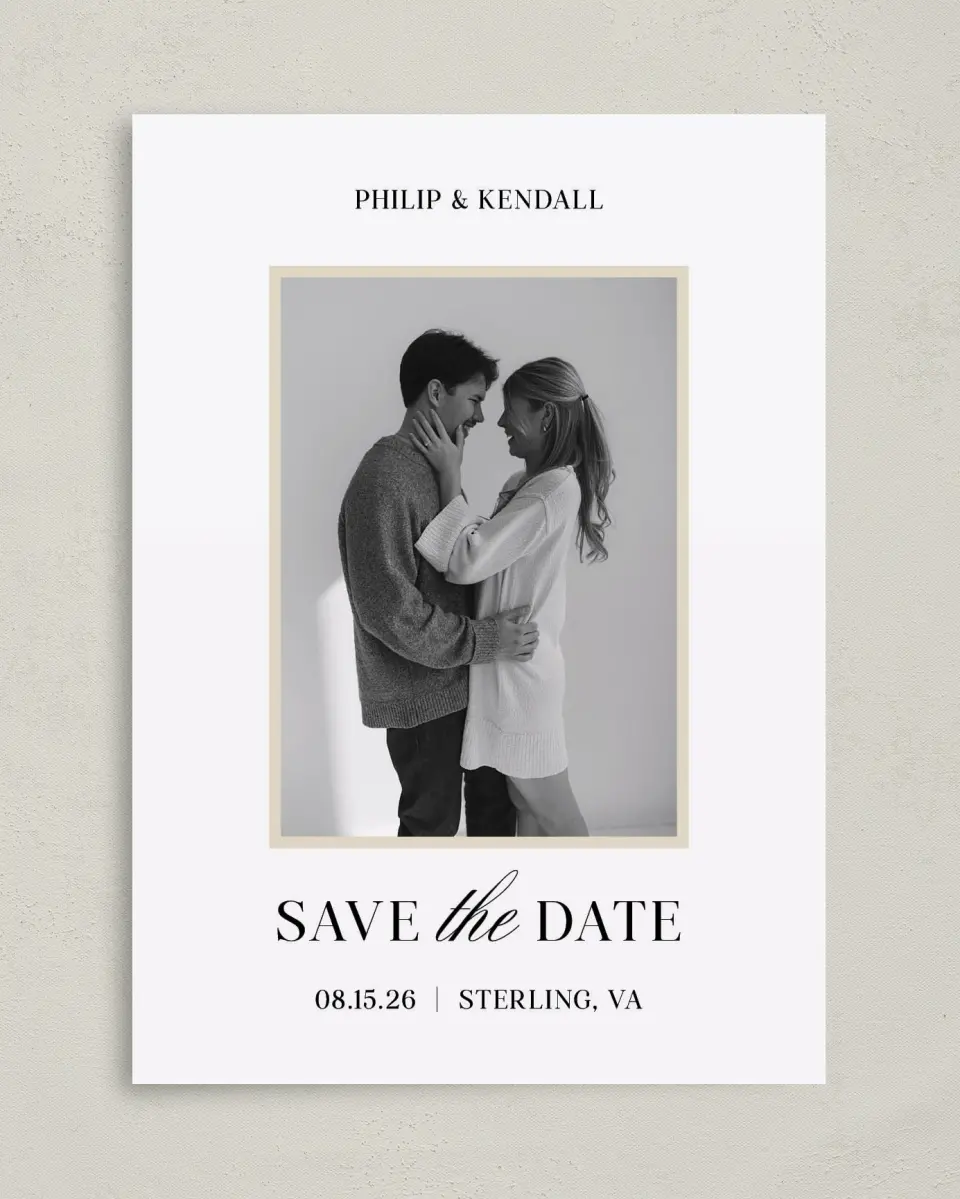 This is a 5" x 7" Save the Date Card called Forever Framed printed in full color with Gold foil on Premium Smooth paper