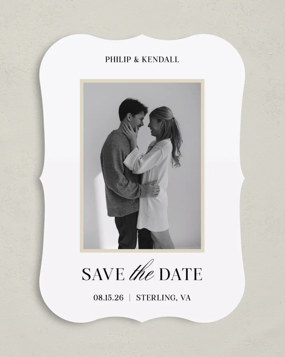 This is a 5" x 7" Save the Date Card called Forever Framed printed in full color with Gold foil on Premium Smooth paper