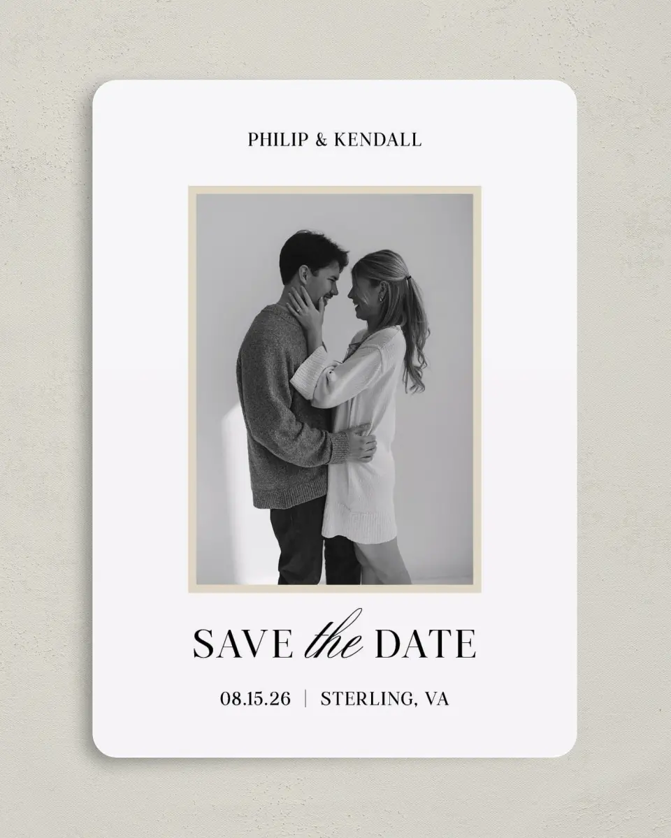This is a 5" x 7" Save the Date Card called Forever Framed printed in full color with Gold foil on Premium Smooth paper