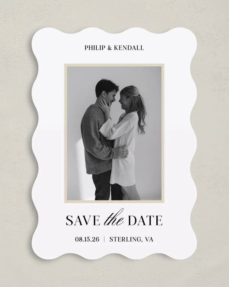 This is a 5" x 7" Save the Date Card called Forever Framed printed in full color with Gold foil on Premium Smooth paper