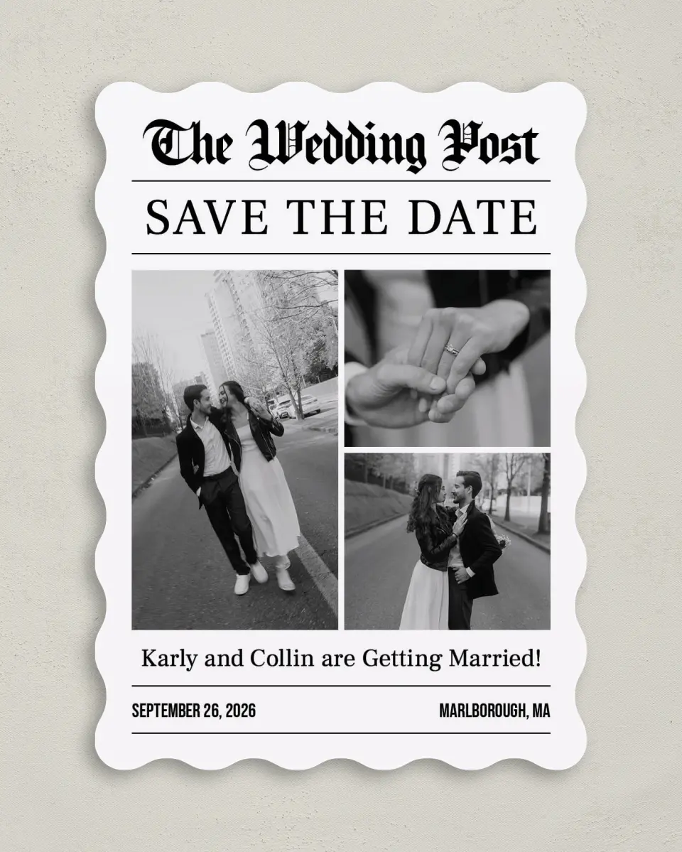 This is a 5" x 7" Save the Date Card called The Wedding Post printed in full color with Gold foil on Premium Smooth paper