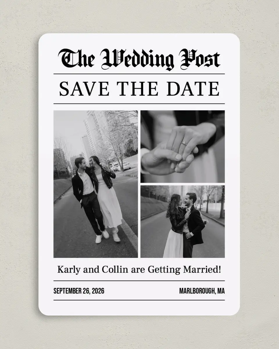 This is a 5" x 7" Save the Date Card called The Wedding Post printed in full color with Gold foil on Premium Smooth paper