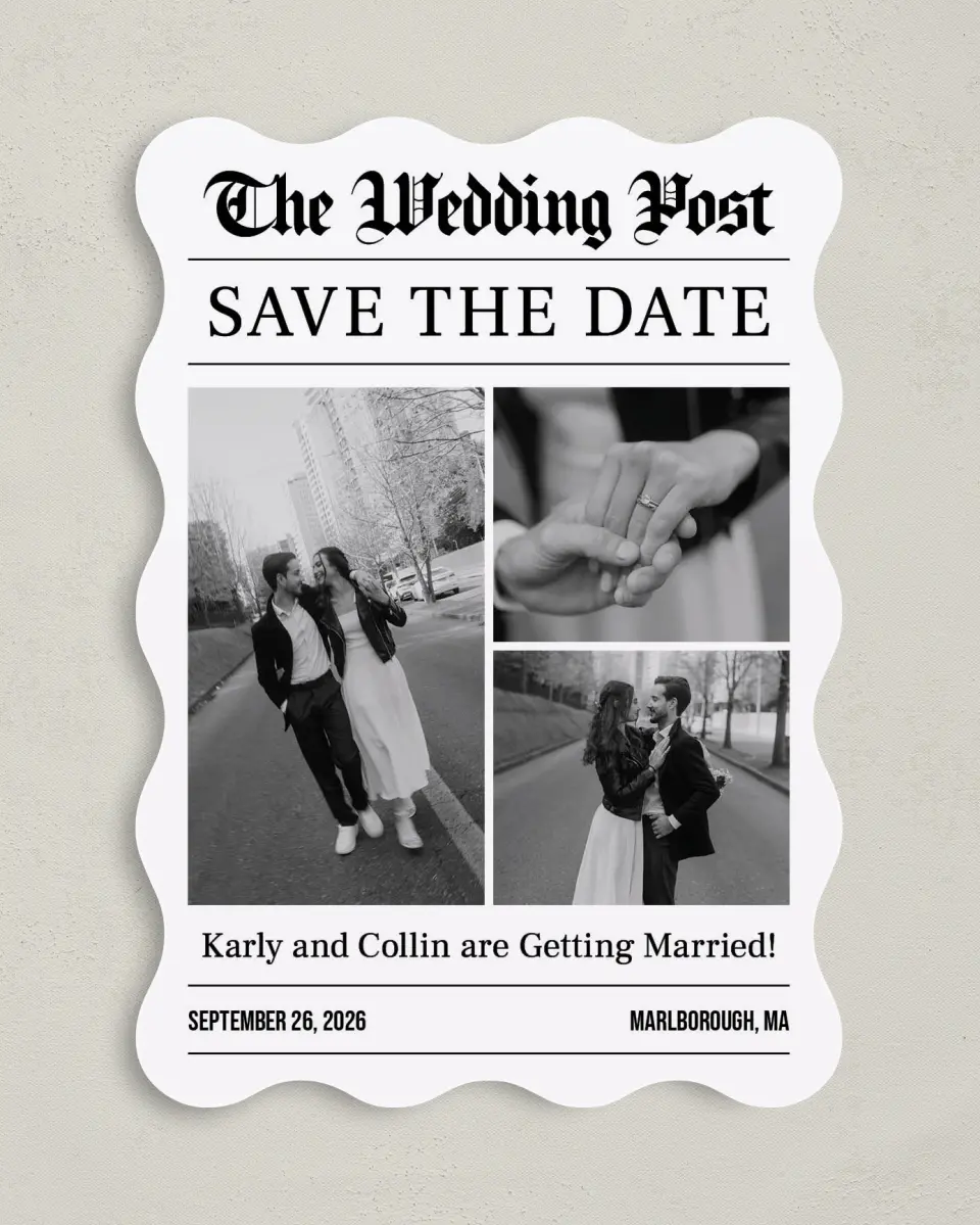 This is a 5" x 7" Save the Date Card called The Wedding Post printed in full color with Silver foil on Luxe Satin (coated) paper