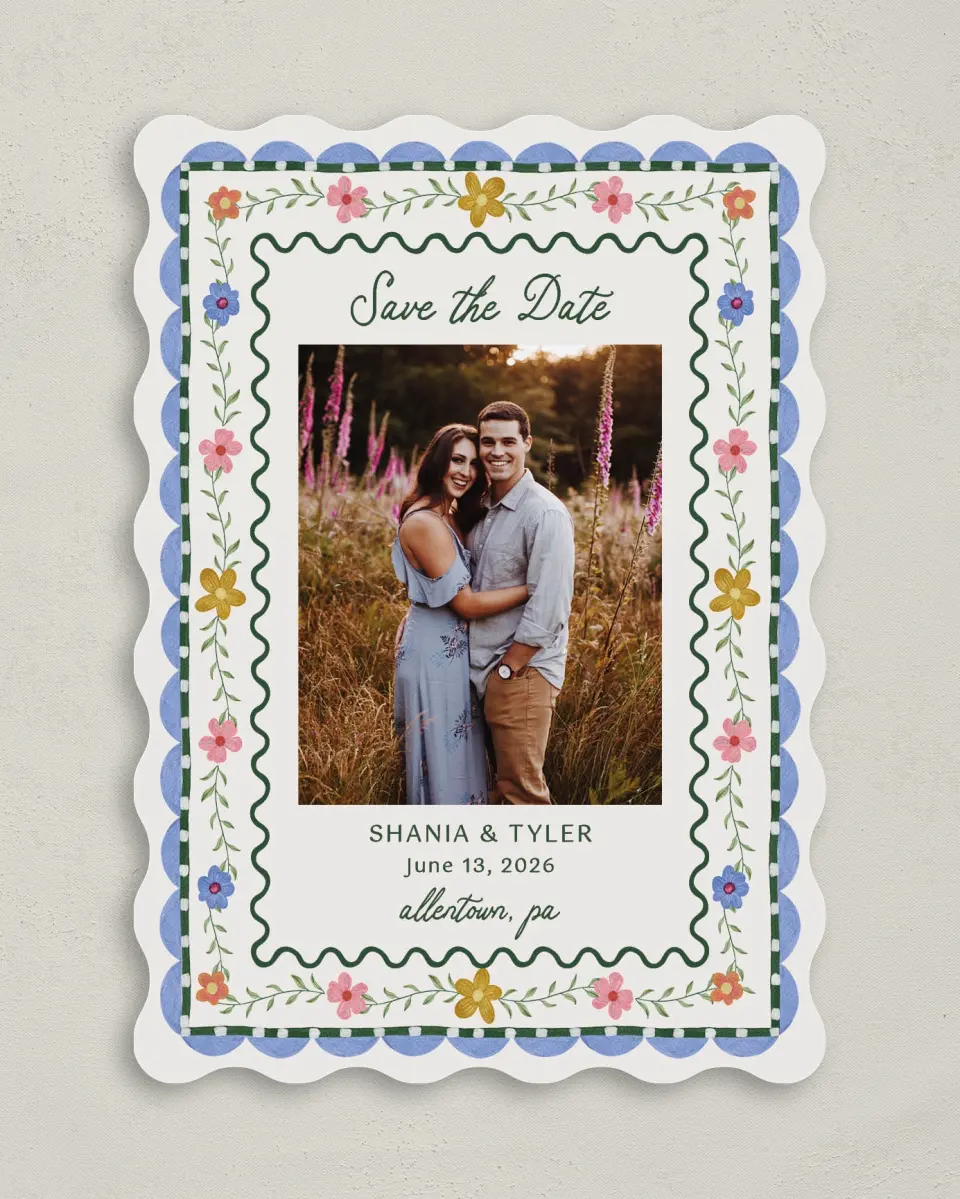 This is a 5" x 7" Save the Date Card called Cottage Keepsake printed in full color with Gold foil on Premium Smooth paper