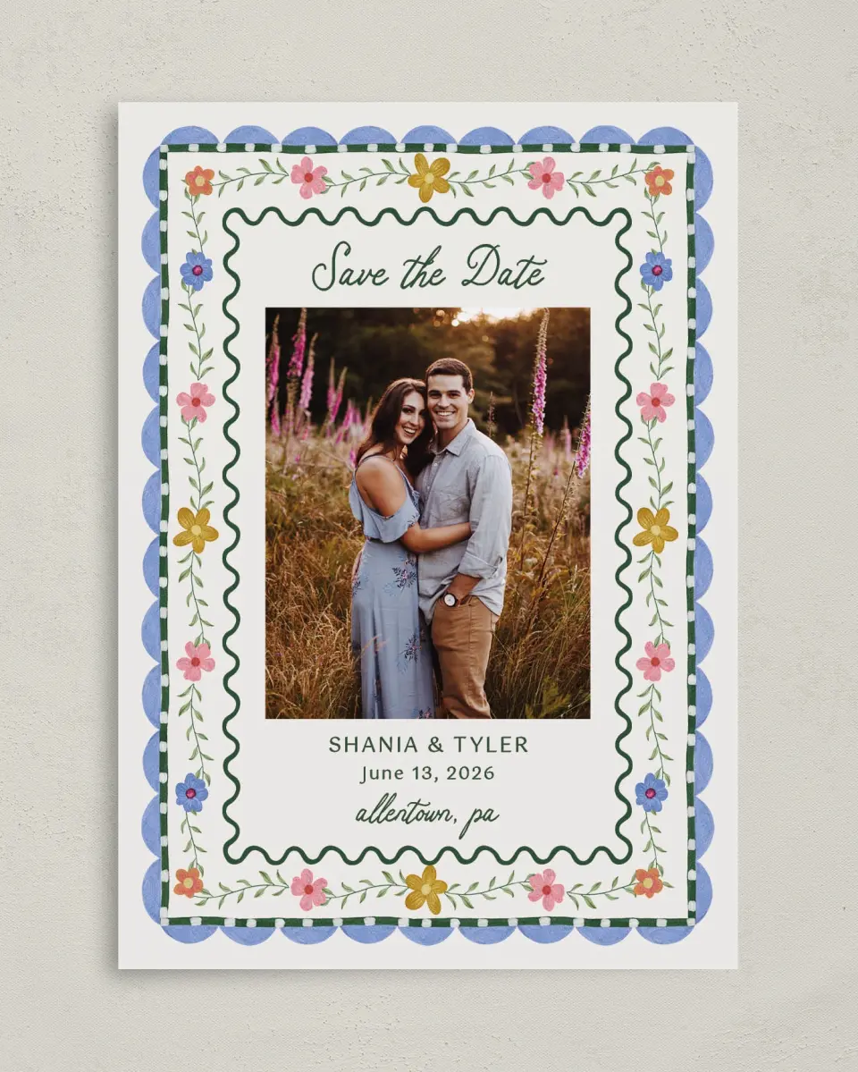 This is a 5" x 7" Save the Date Card called Cottage Keepsake printed in full color with Gold foil on Premium Smooth paper