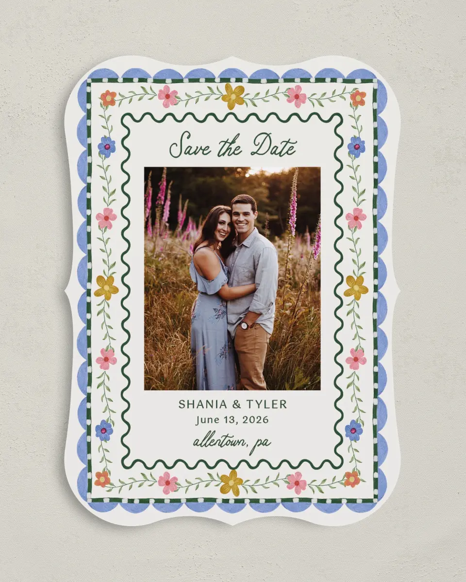 This is a 5" x 7" Save the Date Card called Cottage Keepsake printed in full color with Gold foil on Premium Smooth paper