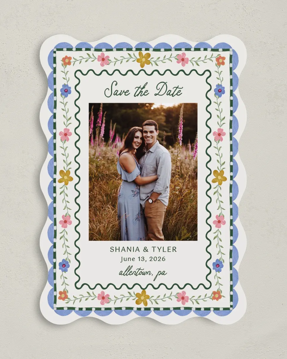 This is a 5" x 7" Save the Date Card called Cottage Keepsake printed in full color with Gold foil on Premium Smooth paper
