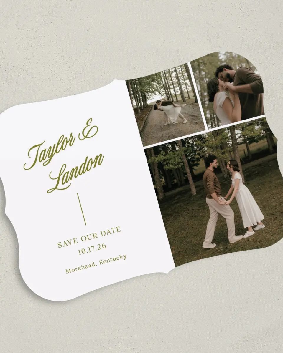 This is a 5" x 7" Save the Date Card called Always Yours printed in full color with Silver foil on Luxe Satin (coated) paper