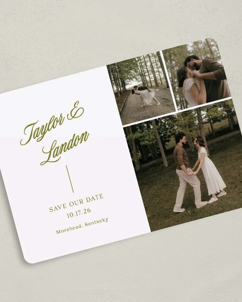 This is a 5" x 7" Save the Date Card called Always Yours printed in full color with Gold foil on Premium Smooth paper