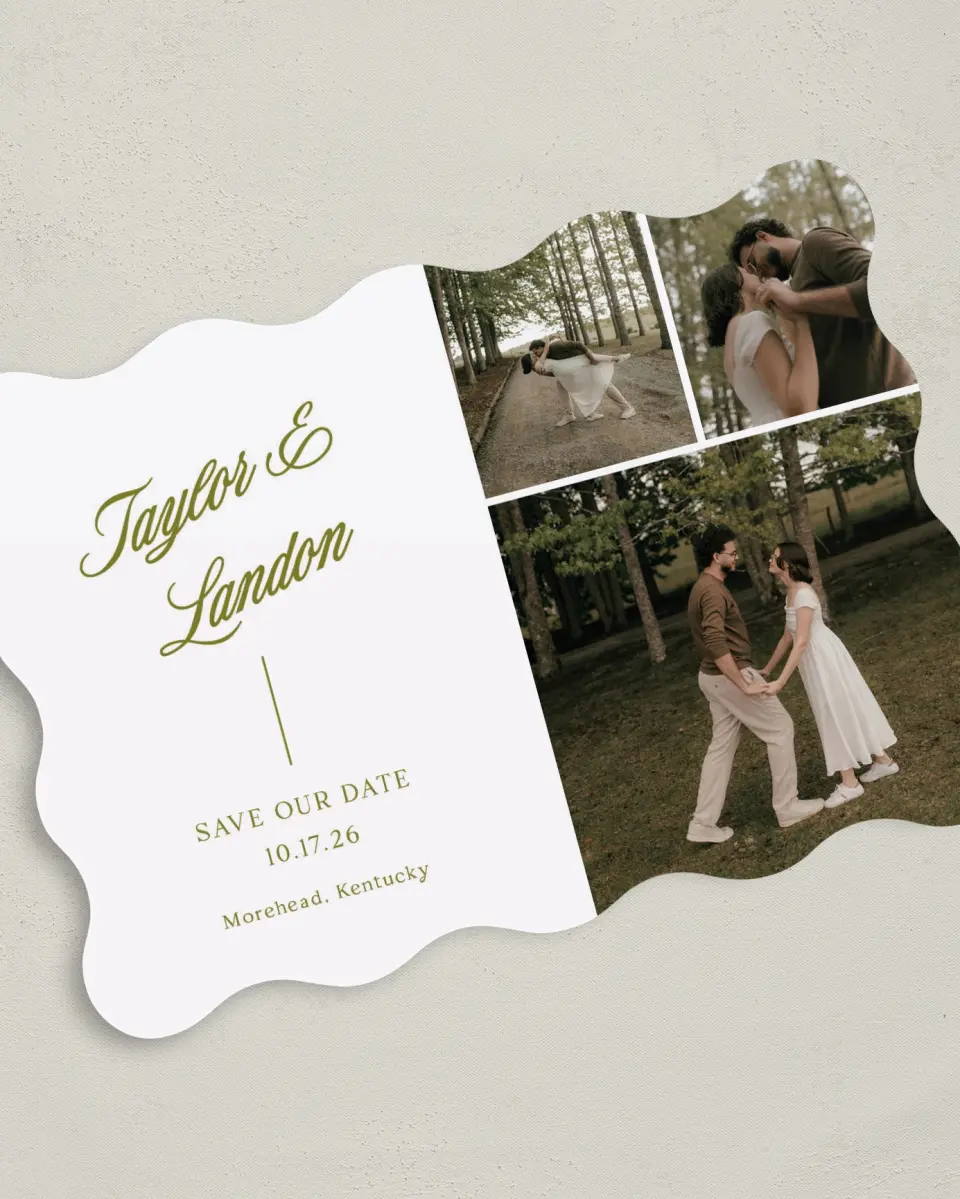This is a 5" x 7" Save the Date Card called Always Yours printed in full color with Gold foil on Premium Smooth paper